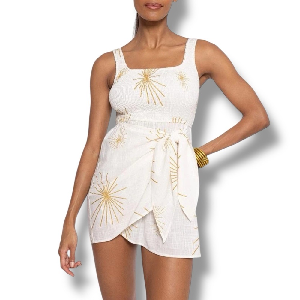 Sundress Womens White Gold Amande Robe Court Sarong Mini Dress Wrap Sz L/XL